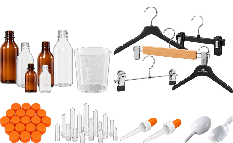 PET bottles, a measuring cup, garment hangers, bottle caps, PET preforms, droppers and measuring spoons made by Shans Corporation