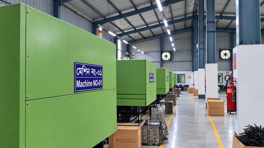 Numbered moulding machines along the factory floor